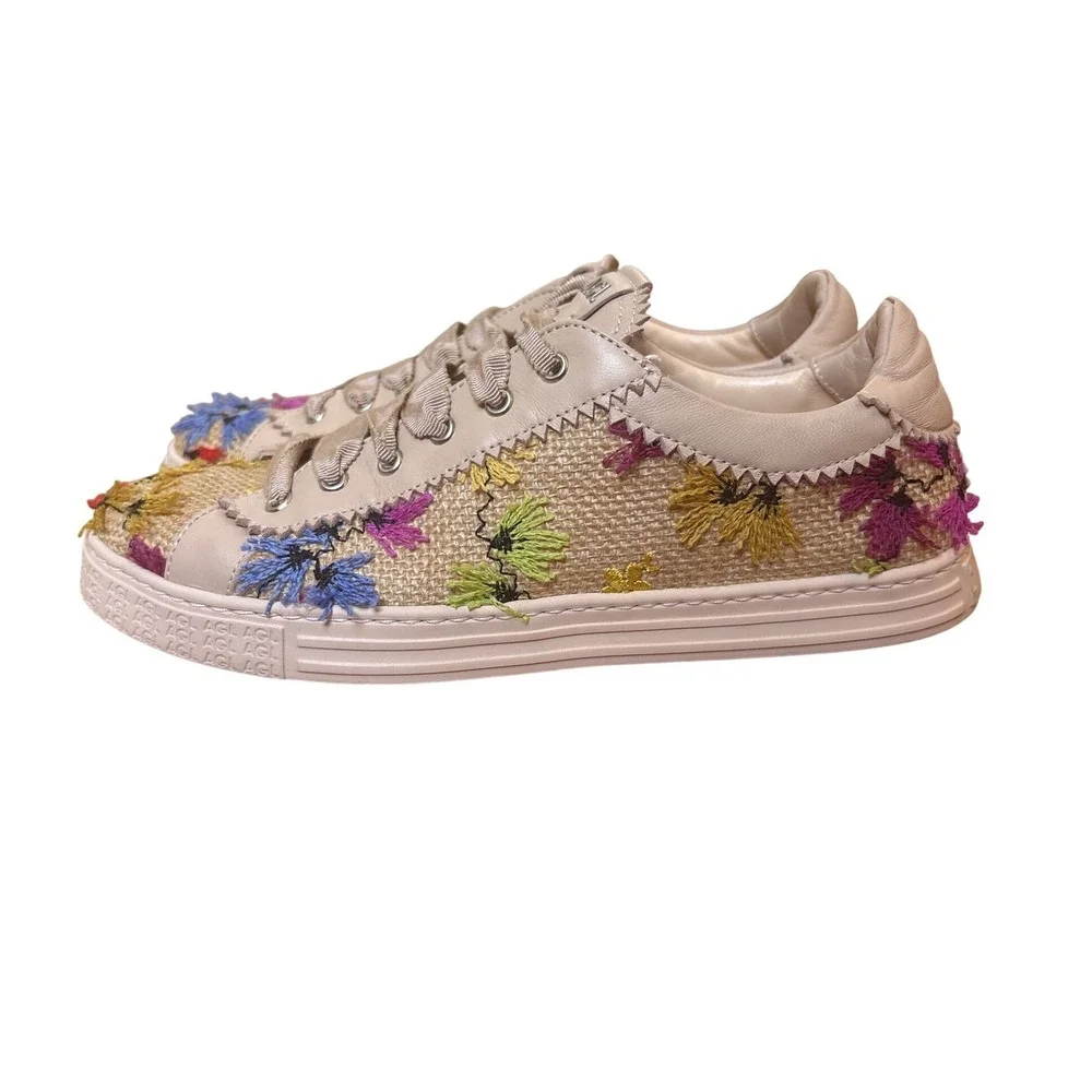AGL Floral Embroidered Sneakers Women Beige Raffia Low Top Italy SIZE 38.5
